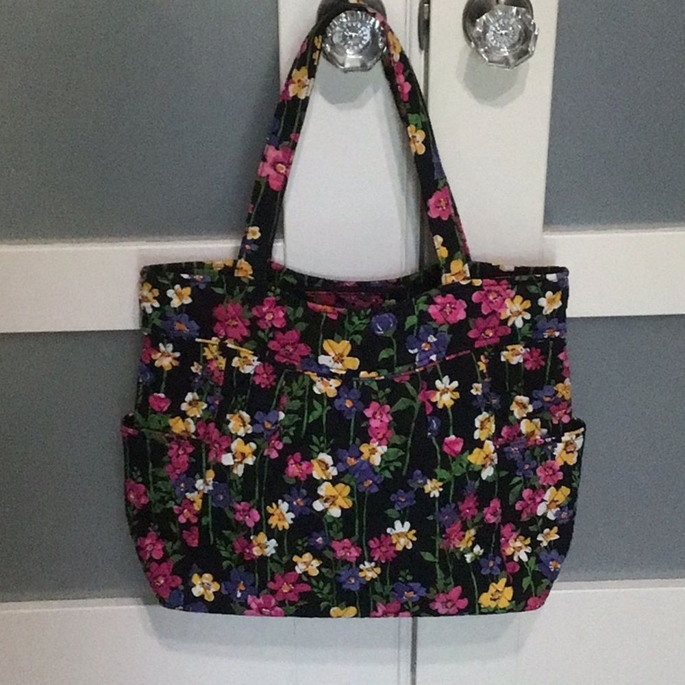 Floral Quilted Tote Bag in Black with Pink & Yellow Flowers